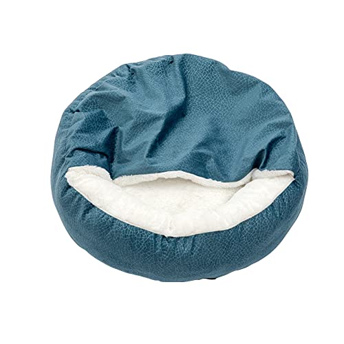 DAIHAN Halb überdachtes Katzen Kissen und Decke Höhle Katzenbett Schlafkissen Komfortabel Plüsch Fleece Pet Mat Pad Nest-Haustierbett in Rund Doughnut Form Schlafsack für Welpen und Katzen Blau 50cm von DAIHAN