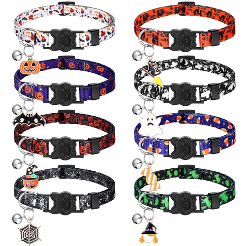 DAIHAQIKO 8 Stück Halloween-Katzenhalsband mit Glocke, niedlich, verstellbar, Kätzchen, Halloween-Halsbänder mit Anhänger, Kürbis, Geist, Breakaway Kätzchen-Halsband für Urlaub, Party, Kätzchen, von DAIHAQIKO