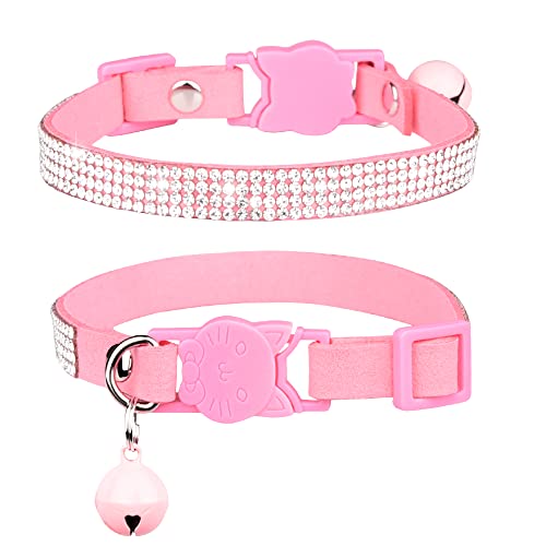 DAIHAQIKO Breakaway Katzenhalsbänder, Kätzchenhalsband mit Glocke, Strass Katzenhalsband für Mädchen Katzen männliche Katzen Haustier (S:Einstellbereich 9.8"-12.6", Rosa mit weißem Strass) von DAIHAQIKO