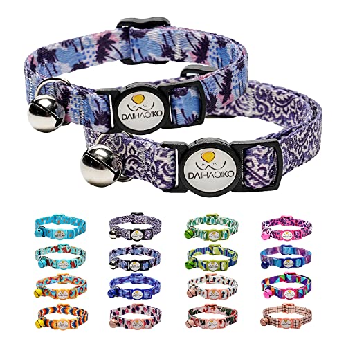 DAIHAQIKO Breakaway Katzenhalsbänder, Kätzchenhalsband mit Glöckchen, niedliches Katzenhalsband, personalisiert mit verschiedenen Mustern, für Mädchen, Katzen, Jungen, Katzen (2 Stück) (Crazy Purple) von DAIHAQIKO