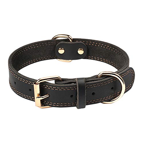 DAIHAQIKO Hundehalsband, Echtleder-Hundehalsband, robustes Hundehalsband, breites Hundehalsband für kleine Hunde, mittelgroße Hunde,38 cm Halsumfang, Doppelnaht) Schwarz ) von DAIHAQIKO