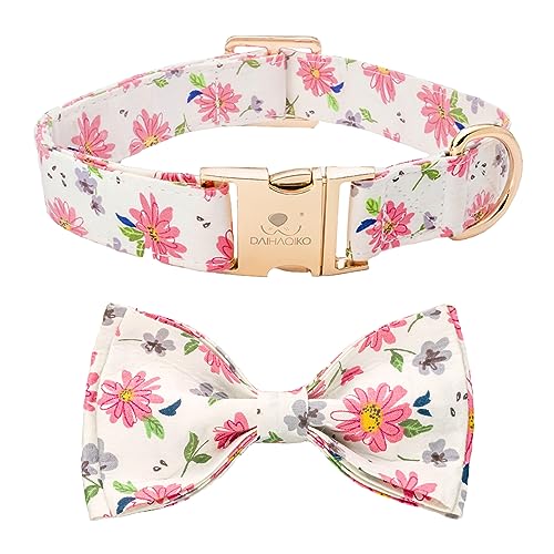 DAIHAQIKO Hundehalsband mit Blumenmuster, für kleine Hunde mit Schleife, für Hündinnen, Frühlingshund, verstellbar, für kleine, mittelgroße und große Hunde (Rosa, L) von DAIHAQIKO