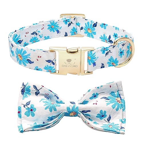 DAIHAQIKO Hundehalsband mit Blumenmuster, für kleine Hunde mit Schleife, für kleine Hündinnen, verstellbar, für kleine, mittelgroße und große Hunde (Blau, M) von DAIHAQIKO