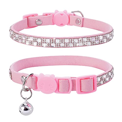 DAIHAQIKO Katzenhalsband mit Glöckchen, Strass-Katzenhalsband für Mädchen und Jungen, Katzen-Halsband mit Diamanten, 1,1 cm breit und leicht (Rosa) von DAIHAQIKO