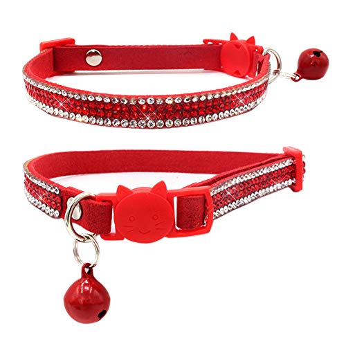 DAIHAQIKO Premium Strass Katzenhalsband mit Glöckchen, verstellbar, für Katzen und Kätzchen, Größe S: Verstellbereich 24,9 cm – 32 cm, Rot mit rotem Strass von DAIHAQIKO