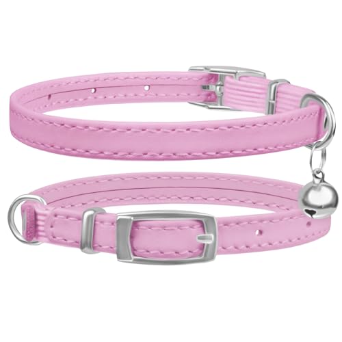 DAIHAQIKO Katzenhalsband mit Glöckchen, Kätzchen-Halsband für Jungen und Mädchen, Leder-Katzenhalsband mit Sicherheitsgummiband (Halsumfang 20,3 - 27,9 cm, Rosa) von DAIHAQIKO