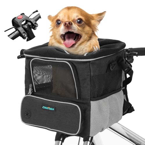 DAISTERN Hundefahrradkorb bis 4KG mit Lenkeradapter Φ80mm, Hundekorb Fahrrad Vorne Rucksack Schultertasche Autositz mit Mehreren Netzfenstern, wasserdichtes Sitzkissen Geeignet für Welpen von DAISTERN