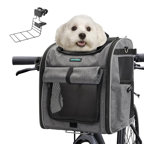 DAISTERN Hundekorb Fahrrad Vorne bis 10KG, Faltbarer Atmungsaktiver Hundefahrradkorb 4 in 1 Rucksack Schultertasche Autositz mit Robuste L-förmige Halterung, Bequemes Kissen, Reflektorstreifen von DAISTERN