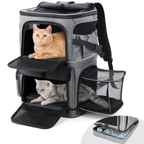 DAISTERN Katzenrucksack Große Katzen bis 12KG, Cat Backpack Transportrucksack Katze mit Doppelschichtiges Netzfenster,SBS-Reißverschluss, Bequemes Sitzkissen, Reflektierende Streifen für 2 Katzen von DAISTERN