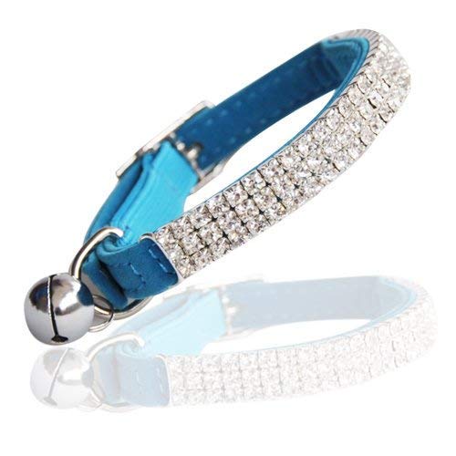 DAIXI Verstellbarer Kragen aus weichem Samt mit sicherer Katze Bling Diamante mit Glocken, 11 Zoll für kleine Hunde und Katzen (Blue) von YAMOOCO