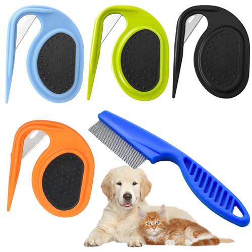 4 Stück Entfilzungsmesser und 1 Stück Flohkamm Set, Multifunktions Knotenkamm, Pet Knotting Comb, Entfilzer mit Stahlklinge für Katzen, Hunde, Entfernen von Verfilzungen (Schwarz/Orange/Blau/Grün) von DALAETUS