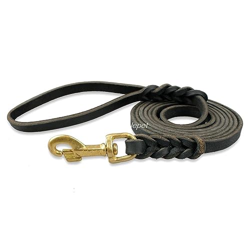 Echtes Leder Hund Leine Hunde Lange Leinen Geflochten Haustier Walking Training Leads Braun Schwarz Farben Für Medium Large Pet 220cm Schwarz von DANETI