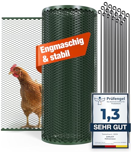 DANJOY Hühnerzaun I 90cm hoch I 25m lang I Der Zaun für Hunde oder Kleintiere ist besonders engmaschig, stabil - kein Durchhängen I 20x Befestigungen I Hundezaun Garten - Grün von DANJOY