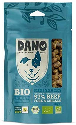 DANO Bio Minisnack für Hunde mit Rind und Huhn - 10 x 50 gr - für Alle Erwachsenen Hunde - Getreidefrei - Hundeleckerlis mit insg. 97% Bio Fleisch - Ideal für das Trainieren Ihres Hundes von DANO