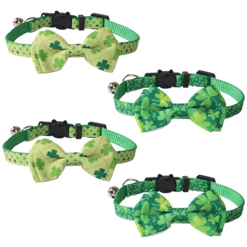 DAOFEUK St. Patrick's Katzenhalsband, verstellbar, St. Patrick's Pet Fliege Hundehalsband mit Glöckchen, irisches Glückskleeblatt, Haustier-Krawatte, vierblättriges Kleeblatt-Katzenhalsband, 4 Stück von DAOFEUK