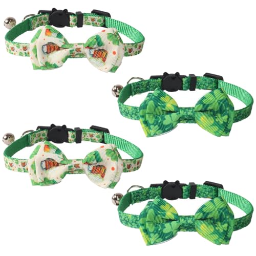 DAOFEUK St. Patrick's Katzenhalsband, verstellbar, St. Patrick's Pet Fliege Hundehalsband mit Glöckchen, irisches Glückskleeblatt, Haustier-Krawatte, vierblättriges Kleeblatt-Katzenhalsband, 4 Stück von DAOFEUK