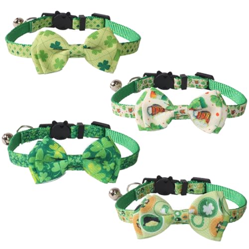 DAOFEUK St. Patrick's Katzenhalsband, verstellbar, St. Patrick's Pet Fliege Hundehalsband mit Glöckchen, irisches Glückskleeblatt, Haustier-Krawatte, vierblättriges Kleeblatt-Katzenhalsband, 4 Stück von DAOFEUK