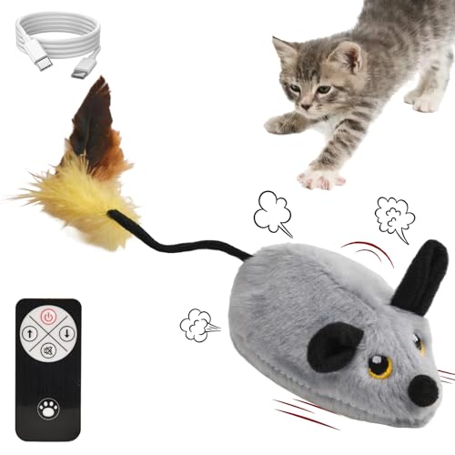 DAOUZL Elektrische Spielmaus für Katzen, Fernbedienung Maus Katzenspielzeug, Interaktives Katzenspielzeug mit LED-Licht Realistischen Geräuschen USB-Aufladung, Katzen (Grau) von DAOUZL