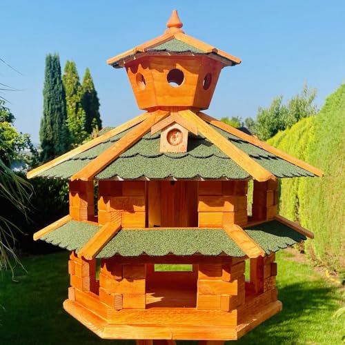 DARLUX Vogelvilla wetterfest von L bis XXL Futterhaus Vogelhaus mit oder ohne Ständer in Braun mit Rot, Grün oder Blau für Garten und Balkon (Größe XXL ohne Ständer, Grün - Braun) von DARLUX