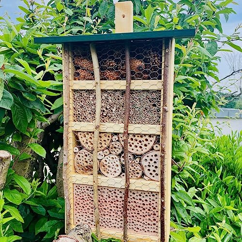 DARLUX handgefertigtes, hochwertiges Holz Insektenhotel XL Wildbienen-Nisthilfe Insektenhaus Natur/Grün. Produziert von Werkstätten für behinderte Menschen von DARLUX