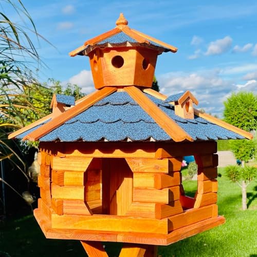 DARLUX handgefertigtes Sechseck Vogelhaus aus Holz wetterfest M - XL mit und ohne Ständer, Futterhaus, Futterhäuschen (Größe XXL ohne Ständer, Blau - Braun) von DARLUX