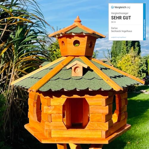 DARLUX handgefertigtes Sechseck Vogelhaus aus Holz wetterfest M - XL mit und ohne Ständer, Futterhaus, Futterhäuschen (Größe XXL ohne Ständer, Grün - Braun) von DARLUX