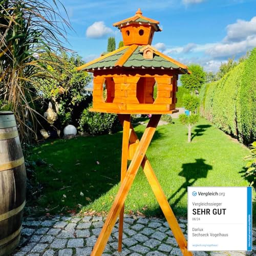 DARLUX handgefertigtes Sechseck Vogelhaus aus Holz wetterfest M - XXL mit und ohne Ständer, Futterhaus, Futterhäuschen (Größe XXL mit Ständer, Grün - Braun) von DARLUX