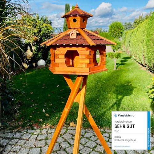 DARLUX handgefertigtes Sechseck Vogelhaus aus Holz wetterfest M - XXL mit und ohne Ständer, Futterhaus, Futterhäuschen (Größe XXL mit Ständer, Rot - Braun) von DARLUX