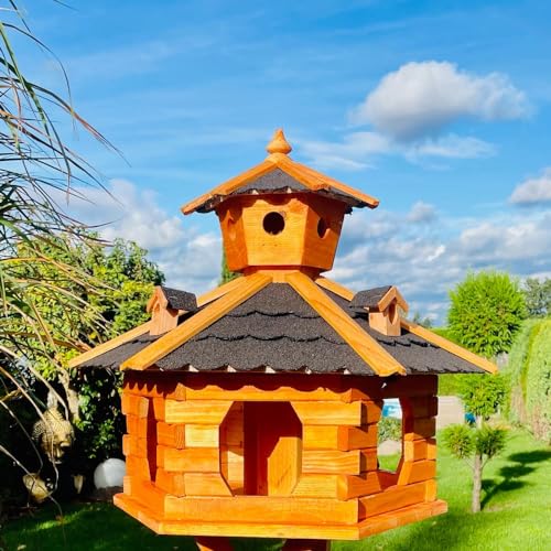 DARLUX handgefertigtes Sechseck Vogelhaus aus Holz wetterfest M - XXL mit und ohne Ständer, Futterhaus, Futterhäuschen (Größe XXL ohne Ständer, Schwarz - Braun) von DARLUX