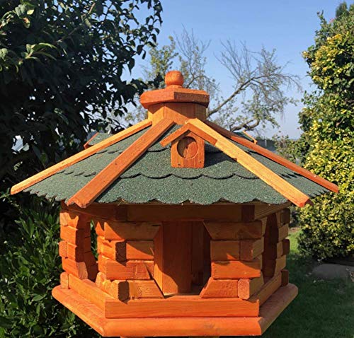 DARLUX handgefertigtes Sechseck Vogelhaus aus Holz wetterfest M - XXL mit und ohne Ständer I Futterhaus I Futterhäuschen I wetterfest I Bitumdach (Größe XL ohne Ständer, Grün - Braun) von DARLUX