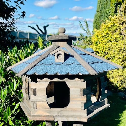 DARLUX handgefertigtes Vogelfutterhaus XL Sechseck Holz Vogelhaus Futterstelle Braun/Blau von DARLUX