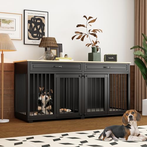 Hundekäfig für Haustiere,großer Hundekäfig,Hundehaus mit 2 Schubladen+2 Türen,Transportkäfig für Hunde,mit Arbeitsplatte,Schwarz+Braun,160x60x80cm von DAWNSPACES