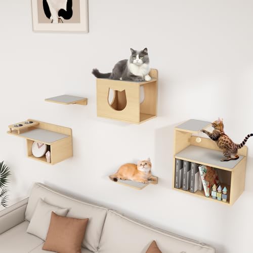 DAWNYIELD Katzen Kletterwand Set, 4 in 1 Katze Wand Möbel mit Katze Haus, Hölzerne Katze Regale Sitzstangen für Wände, Indoor Katzen Wandelemente Plattform mit Katzennapf von DAWNYIELD