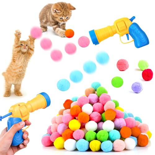 DAWRIS 2 Stück Katzenspielzeug Ball Pistole mit 100 Stück Katzenfilzbälle Weiche Katze Bälle Kätzchen Pom poms Ball Interaktives Katzenspielzeug Interaktivesspielzeug für Katzen Training Katzen Ball von DAWRIS