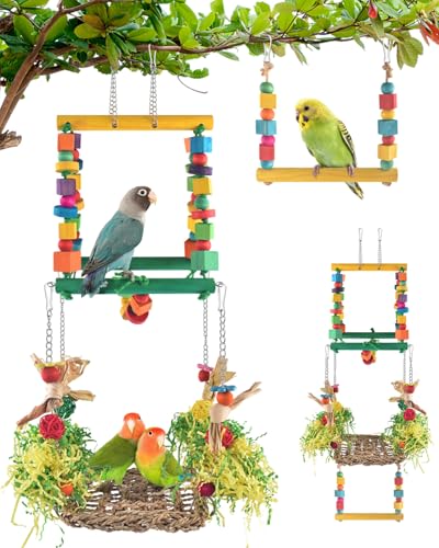 DBNESS Vogelspielzeug für Papageien, abnehmbare Conure Futtergrasschaukelmatte, Käfig-Hängematte, Sitzstange, bunte Holzblöcke, zum Aufhängen, Kauspielzeug für kleine bis mittlere Sittiche, von DBNESS