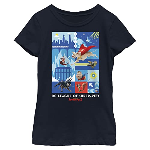 DC League of Super-Pets Mädchen Pets Blocks T-Shirt, Marineblau, Größe XS, Marineblau, X-Small von DC League of Super-Pets