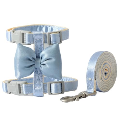 DCNIYT Katzengeschirr mit Fliege, glänzendes Satin, Schleife, Spazierengehen, kleines Hundegeschirr und Leine, Set, verstellbar, langlebig, Halsband zum Trainieren (Farbe: Blau, Größe: S) von DCNIYT