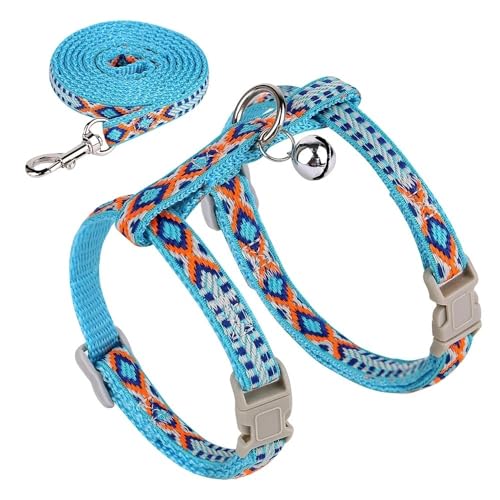 DCNIYT Nylon-Katzengeschirr und Leine, Set mit Kätzchen, Spazierweste, Katzenhalsband mit Glöckchen, verstellbares Welpenhalfter, kleine Hunde, Kaninchengeschirr, Gürtel (Farbe: Blau) von DCNIYT