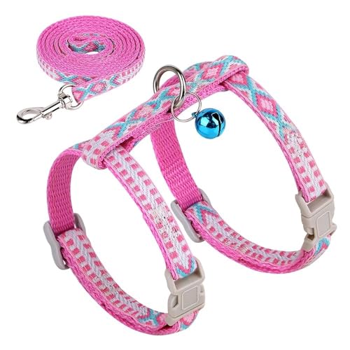 DCNIYT Nylon-Katzengeschirr und Leine, Set mit Kätzchen, Spazierweste, Katzenhalsband mit Glöckchen, verstellbares Welpenhalfter, kleine Hunde, Kaninchengeschirr, Gürtel (Farbe: Rosa) von DCNIYT