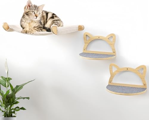 Defined Deco Katzen-Wandregale, Wandmontierte Katzenregale und Sitzstangen, Katzenmöbel mit XXL-Katzen-Hängematte und 2 Kletterstufen, Katzenregale und Sitzstangen für Katzen zum Spielen, Schlafen und von DD DEFINED DECO