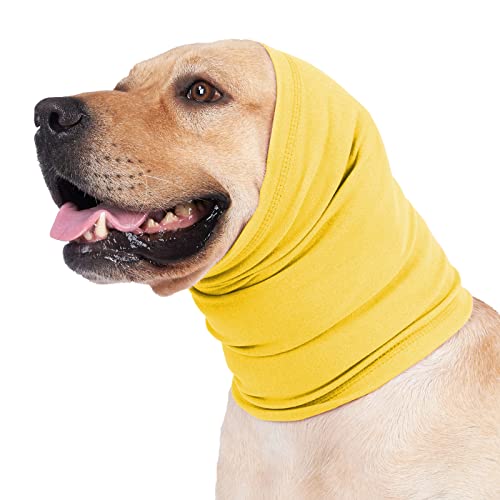 DDFS Kopfwickel mit Klappe zur Geräuschunterdrückung, Nacken- und Ohrenwärmer, Ohrenschützer, Kapuze für Hunde, Angstlinderung, Pflege, Baden, Angst, Hoodies für kleine Hunde, Gelb, Größe S von DDFS