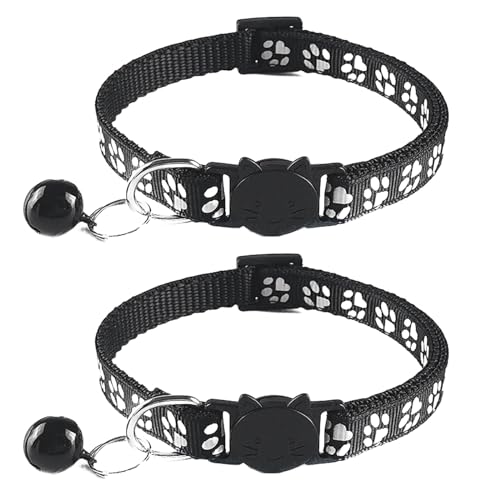 2 Stück Halsband Katze, Katzenhalsband mit Sicherheitsverschluss und GlöCkchen, Süßes Kätzchenmuster Einstellbar Katzen Halsbänder (Schwarz) von DDHHCP