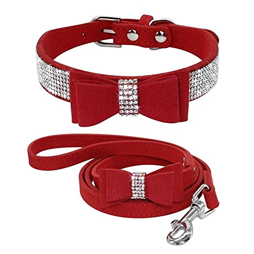Lovely Strass Leder Hund Katze Halsband & Leine Set Crystal Diamonds Studded Niedlichen Bowknot Welpen Kleine Hunde Halsband Welpen Leine (Color : Red, Size : XXS) von DDSP