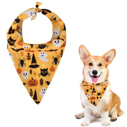 Halloween Dreieck Hund Lätzchen, Exquisite Dog Pets Scarf mit Halloween-Muster, Haustier-Bandanas Erhöhen Sie das Festival Spaß, Waschbar Halloween Bandana Geeignet für 10-30 kg Haustier Tragen (Gelb) von DEARBAG