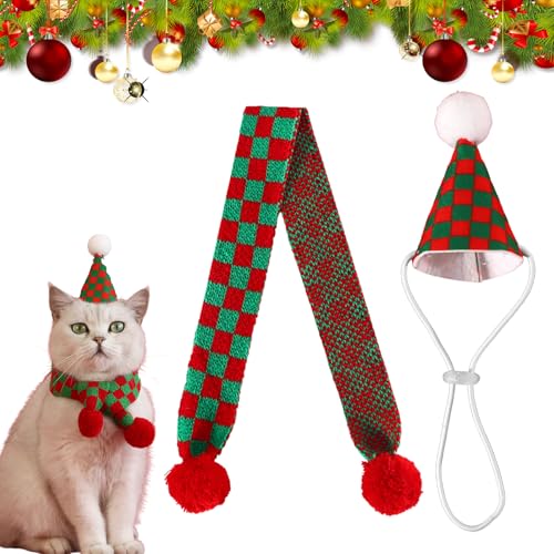 Niedlich Haustier Weihnachtskostüme Set, Weiches Haustier Weihnachtsmütze & Schal, Haustier Weihnachtsmütze Set Einfach zu Tragen, Haustier Weihnachtsschal für Kleine Katzen und Hunde (Gitter) von DEARBAG