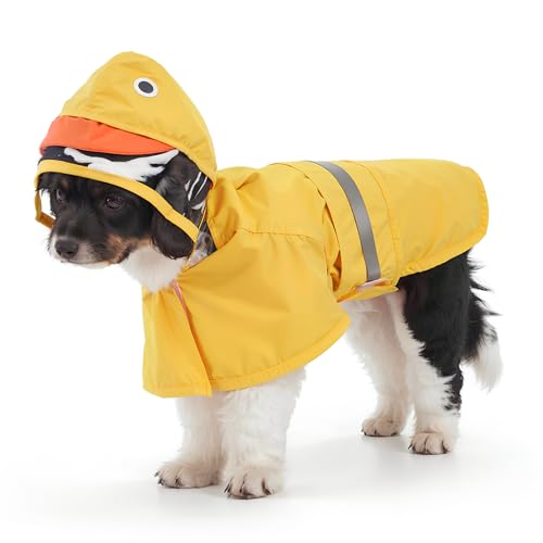 Stilvolles Regencape Hund, Wasserdicht Hunde-Regenmantel, Verstellbarer Hunde-Slicker-Poncho, Regenjacke Hund mit Kapuze und Reflektierenden Streifen, Haustierjacke für Mittlere Große Hunde(Gelb, 4XL) von DEARBAG