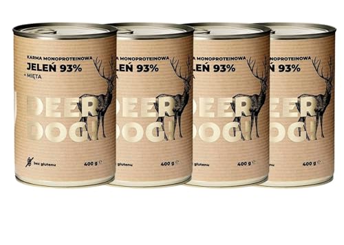 DEER DOG! (4 x 400g) - Fleischanteil 93% - | Premium Hunde-Dosenfutter aus Hirsch + Minze| Getreidefreies Nassfutter für Hunde | Hunde-Dosenfutter mit hohem Fleischanteil für alle Rassen von DEER DOG!