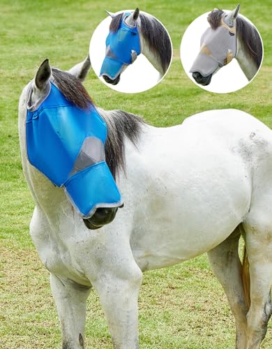DEERFAMY Pferde Fliegenmaske mit Nasenschutz, Pferdefliegenmaske atmungsaktiv UV-Schutz PVC L, Blau von DEERFAMY