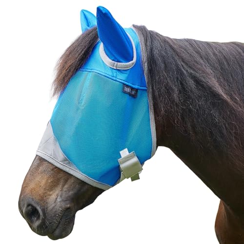 DEERFAMY Pferde Fliegenmaske mit Ohren schutz, Pferdefliegenmaske atmungsaktiv UV-Schutz PVC M, Blau von DEERFAMY