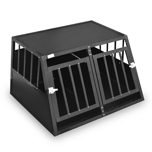 Defacto Hundetransportbox Alu Hundebox Reisebox Autobox Gittertür abschließbar Aluminium Transportbox für Hunde Tiertransportbox (Schwarz, (L) 89X69X50 cm) von DEFACTO